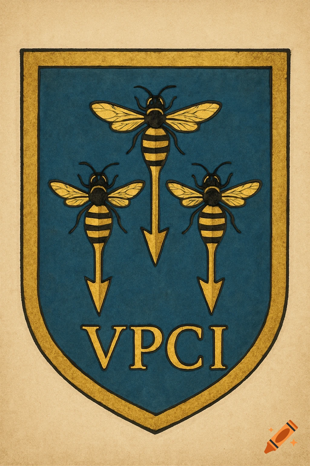 Crest with three bees designed as arrows and the text VPCI on a blue background.