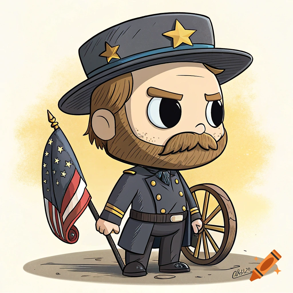 Chibi style cartoon of a historical military figure holding an American flag