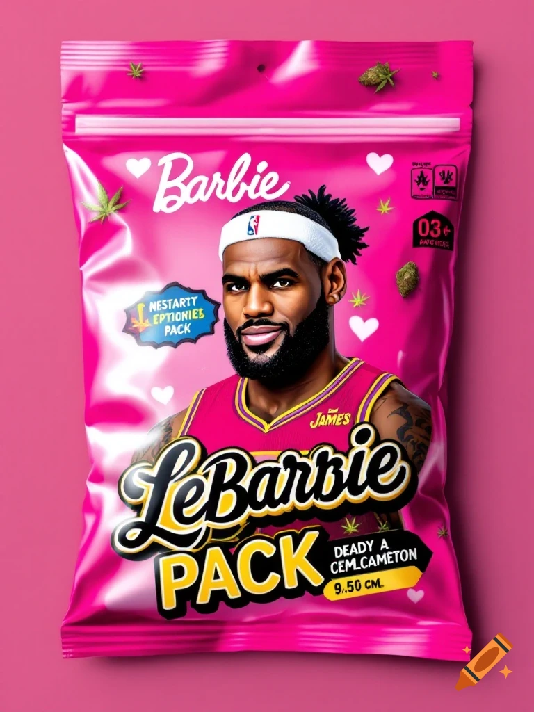 Pink LeBarbie Pack bag with LeBron James' face and cannabis imagery.