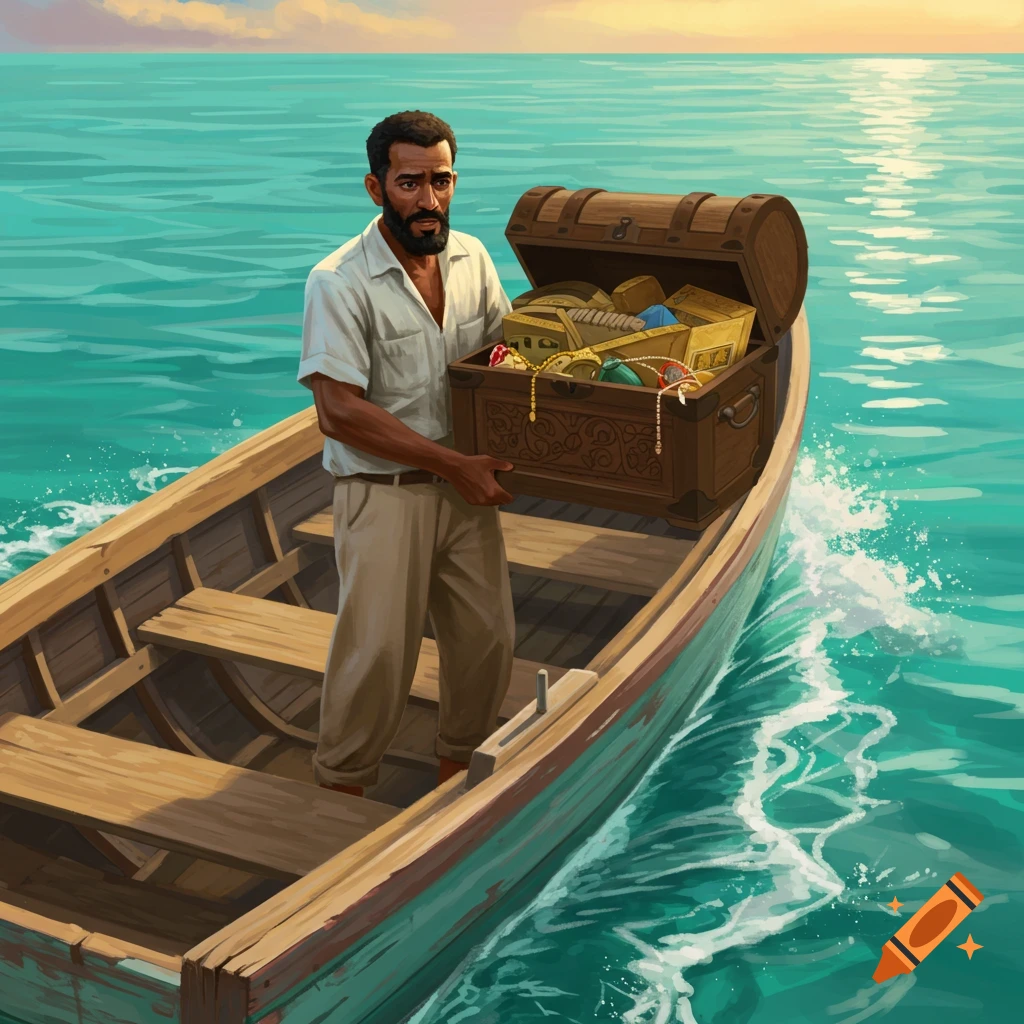 Illustration of a man in a small boat holding a treasure chest overflowing with gold and jewels on a calm sea.