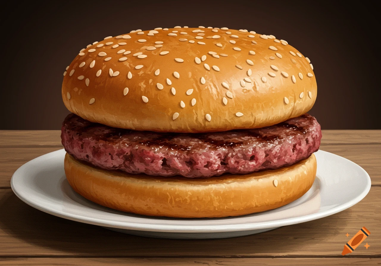 A hamburger on a white plate on a wooden table, digital illustration.