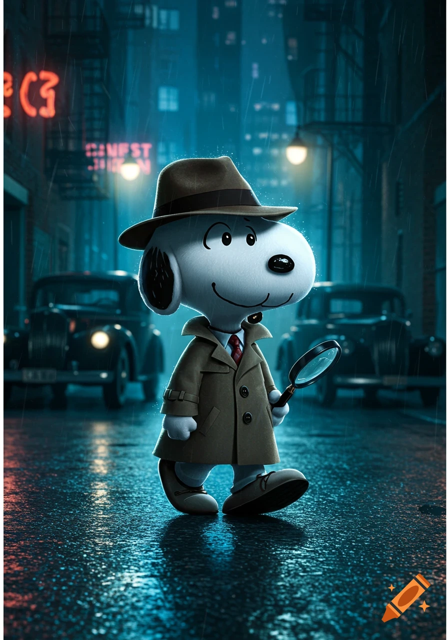 Snoopy dressed as a detective in a trench coat and hat, holding a magnifying glass on a rainy city street.