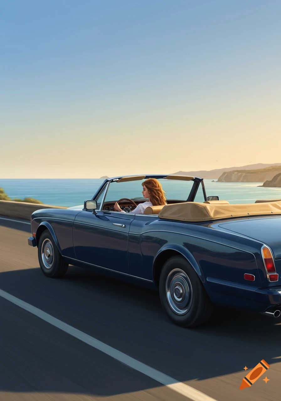 Woman driving a dark blue convertible on a coastal road with the sea and cliffs visible.