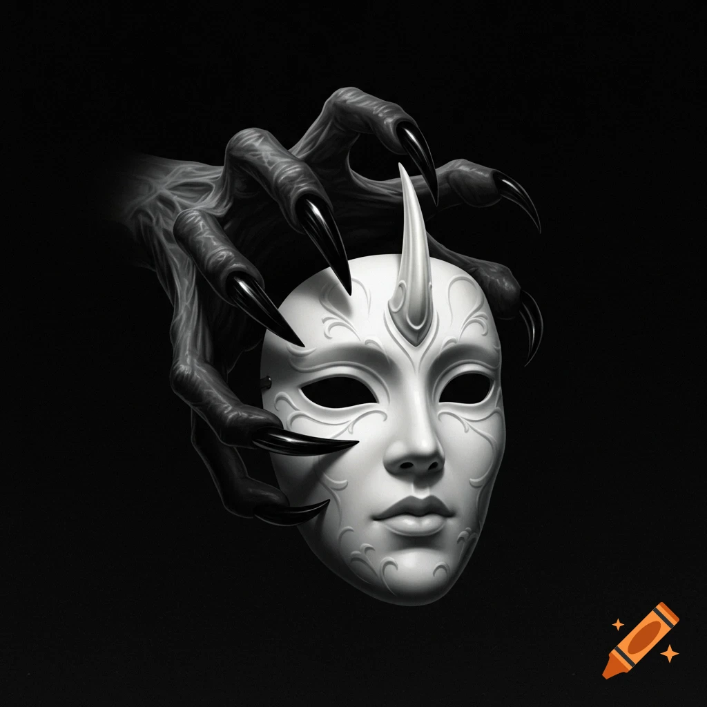 Dark monster claws reach for a white mask with a horn against a black background.