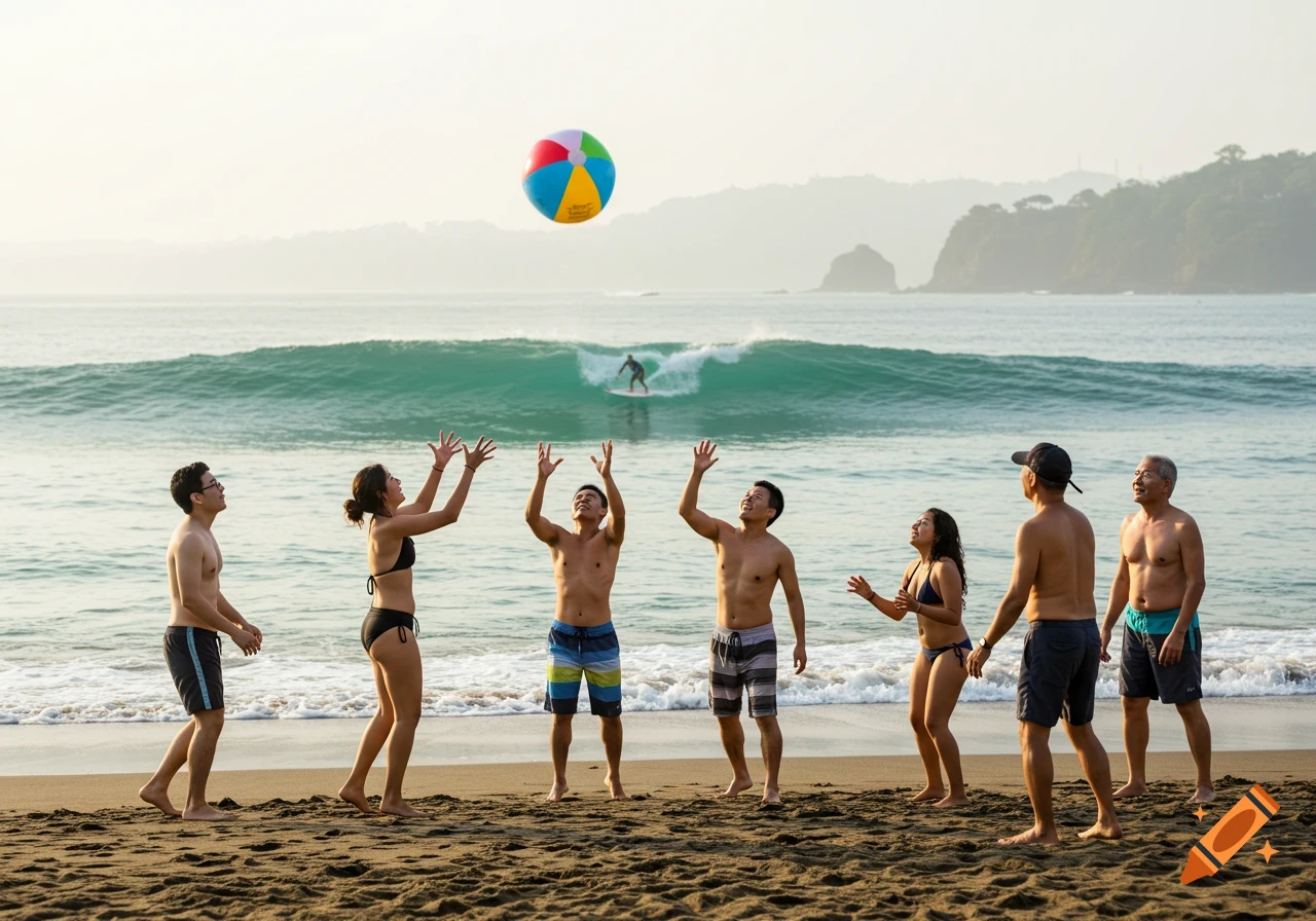 People playing beach volleyball with a beach ball on a sandy shore, ocean and surfer in background