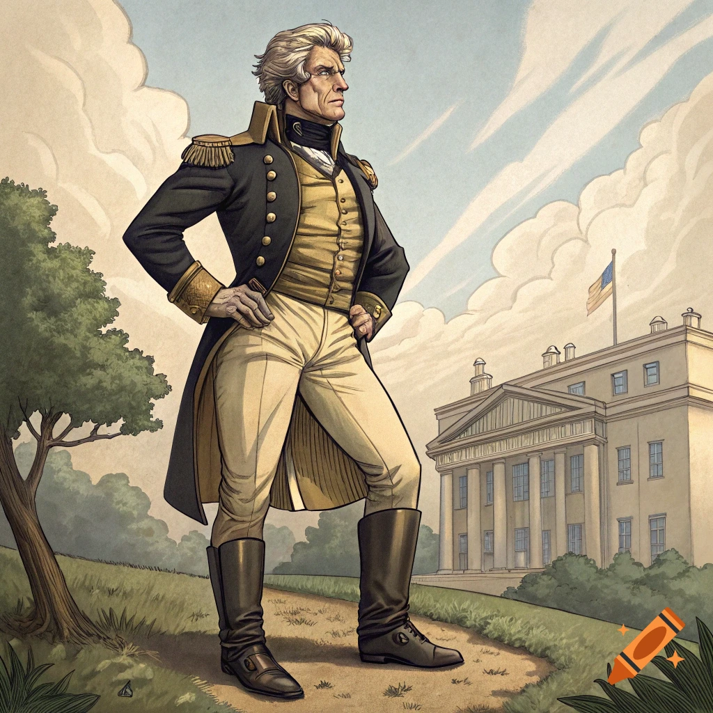 Illustration of a historical figure in military uniform standing outside a large classical building.