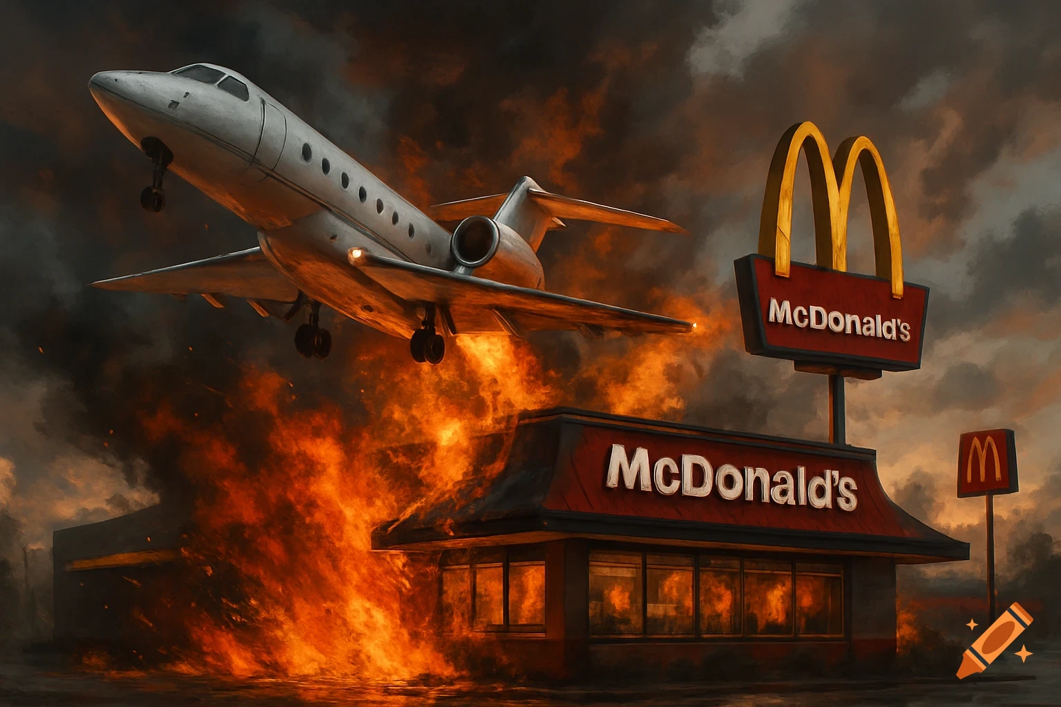 A private jet flies over a burning McDonald's restaurant under a cloudy sky, illustration.