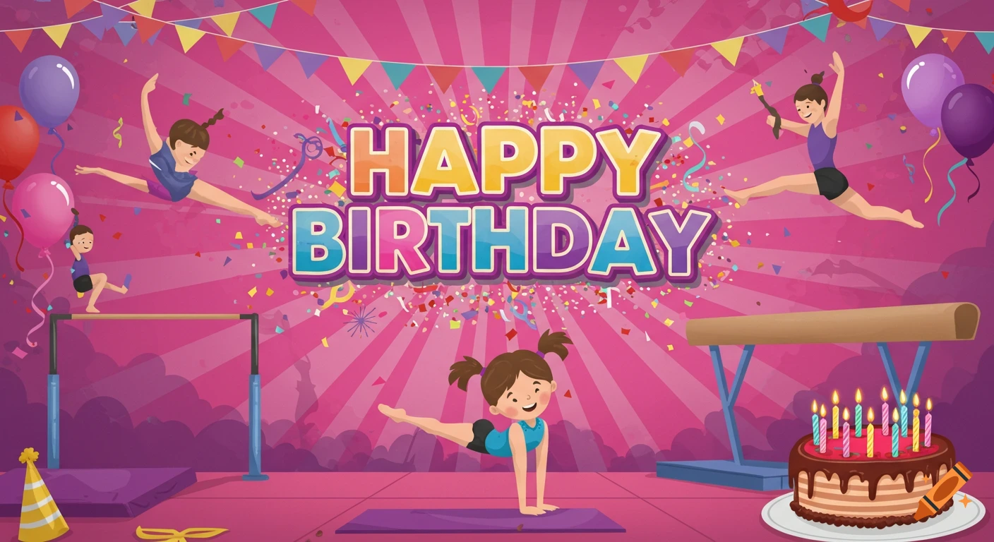A colorful cartoon of gymnasts celebrating a birthday with cake, balloons, and confetti. HAPPY BIRTHDAY text included.