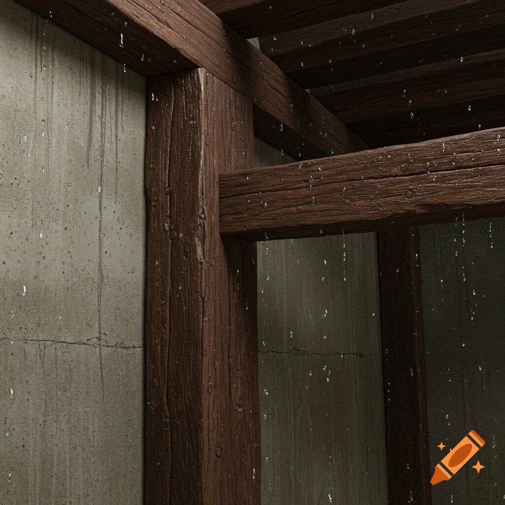 Close-up view of dark wooden beams and a concrete wall with water droplets falling.