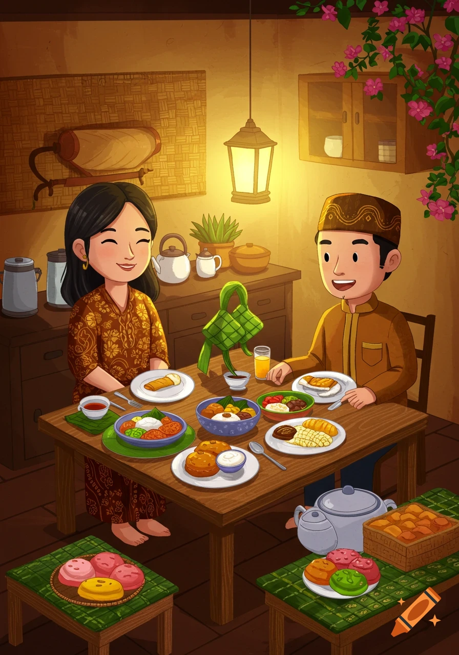 Illustration of a man and woman sharing a meal at a table, with traditional decorations like Ketupat.