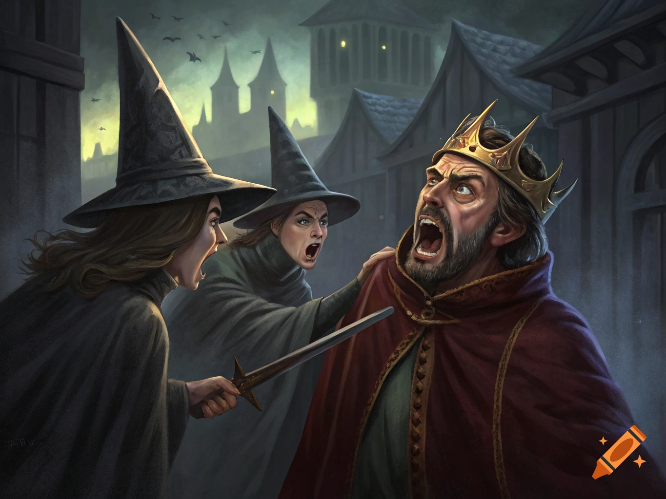 Two witches confront a king with a sword in a dark street scene.