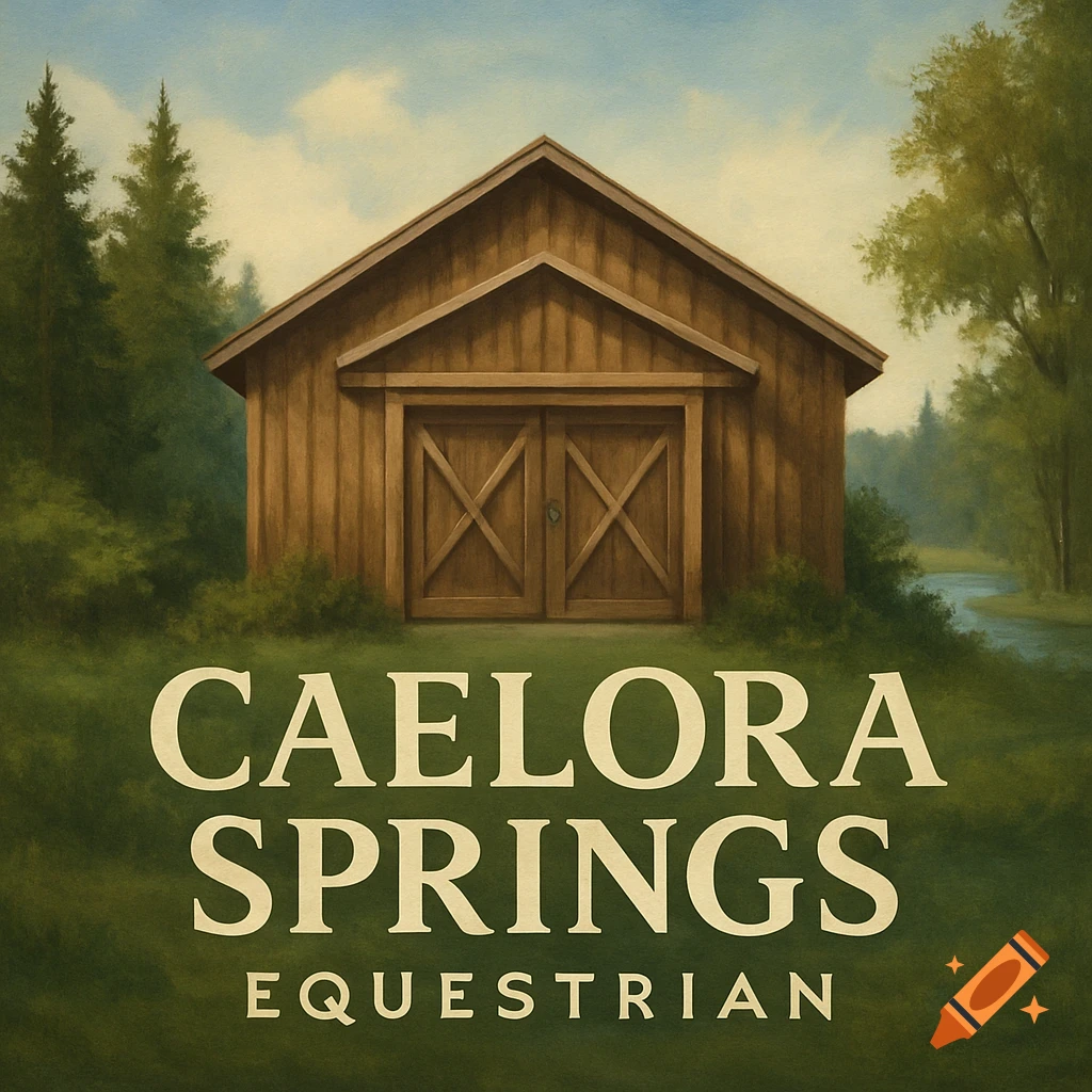 A painted image of a wooden barn in a forest landscape with a river, overlaid with the text 'Caelora Springs Equestrian'.
