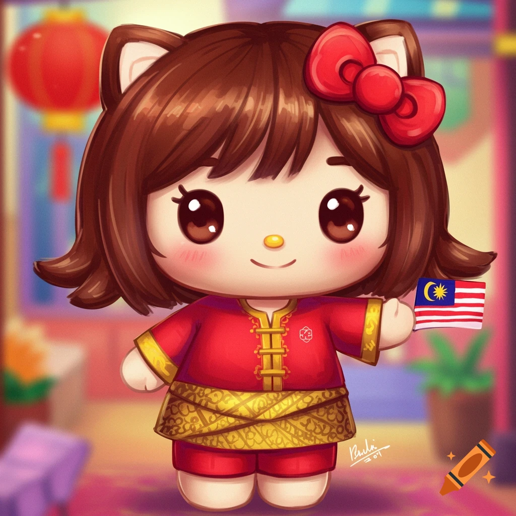 Cute cartoon character resembling Hello Kitty in red and gold outfit holds Malaysian flag.