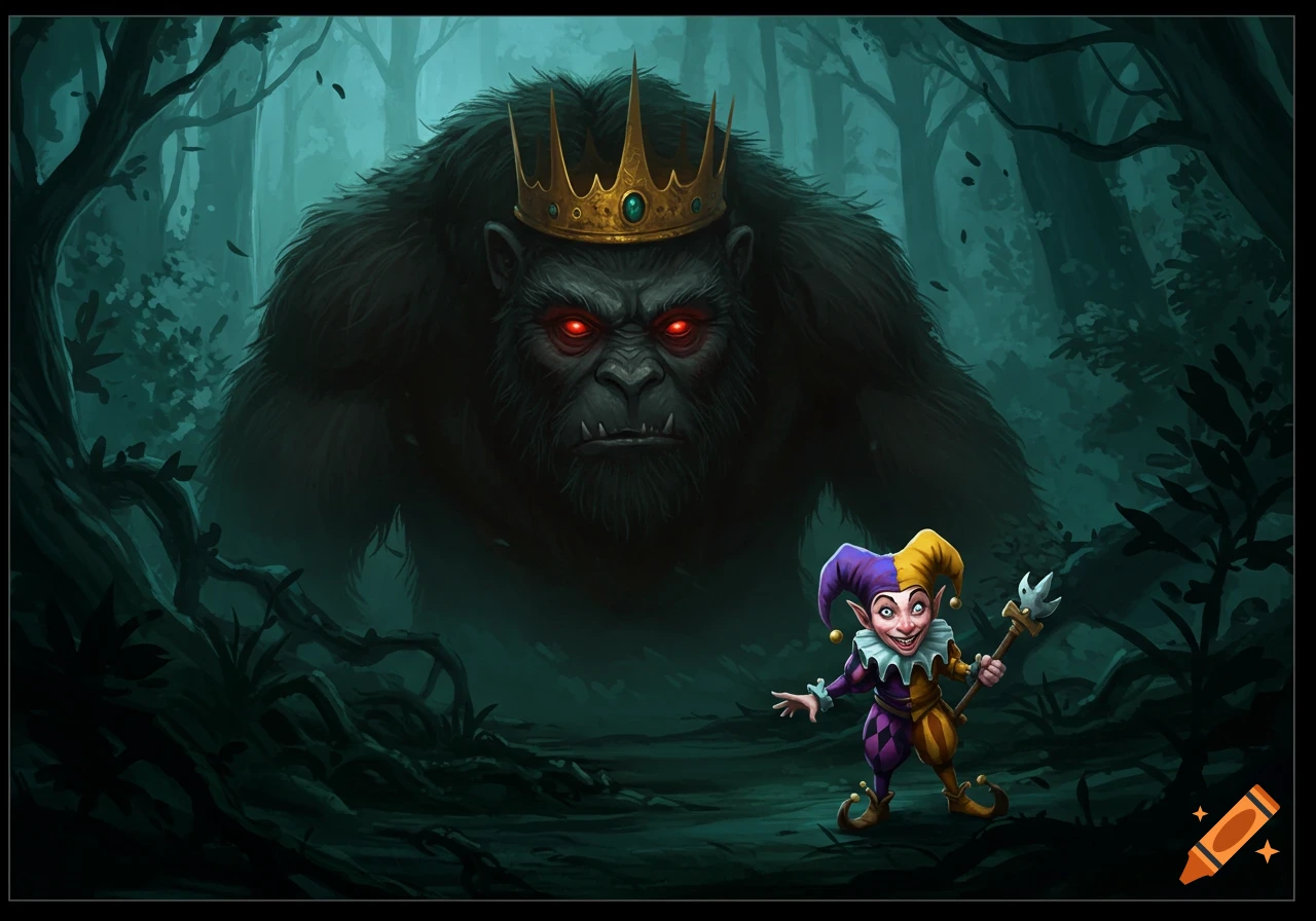 A giant crowned ape-like monster lurks behind a small jester in a dark forest clearing, fantasy illustration style.