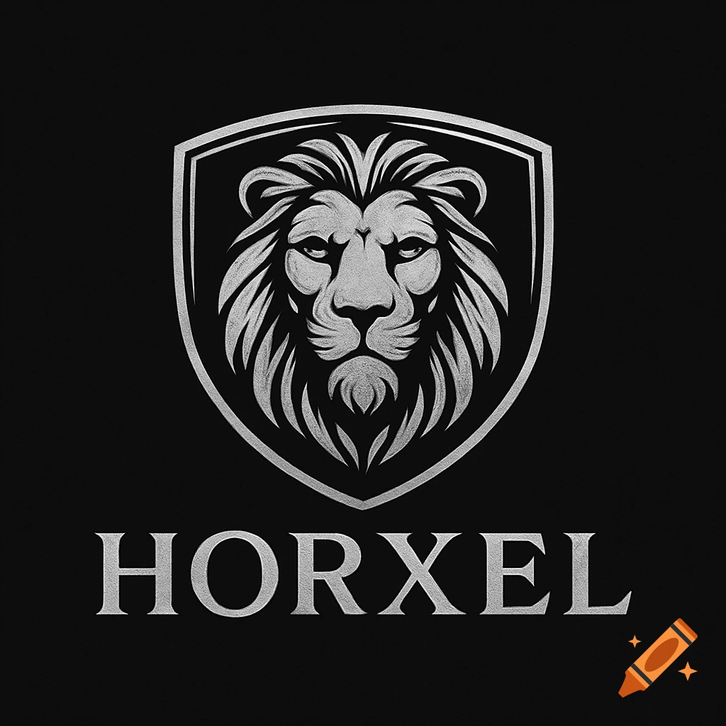 Silver lion head logo inside a shield above text 'HORXEL' on black background.