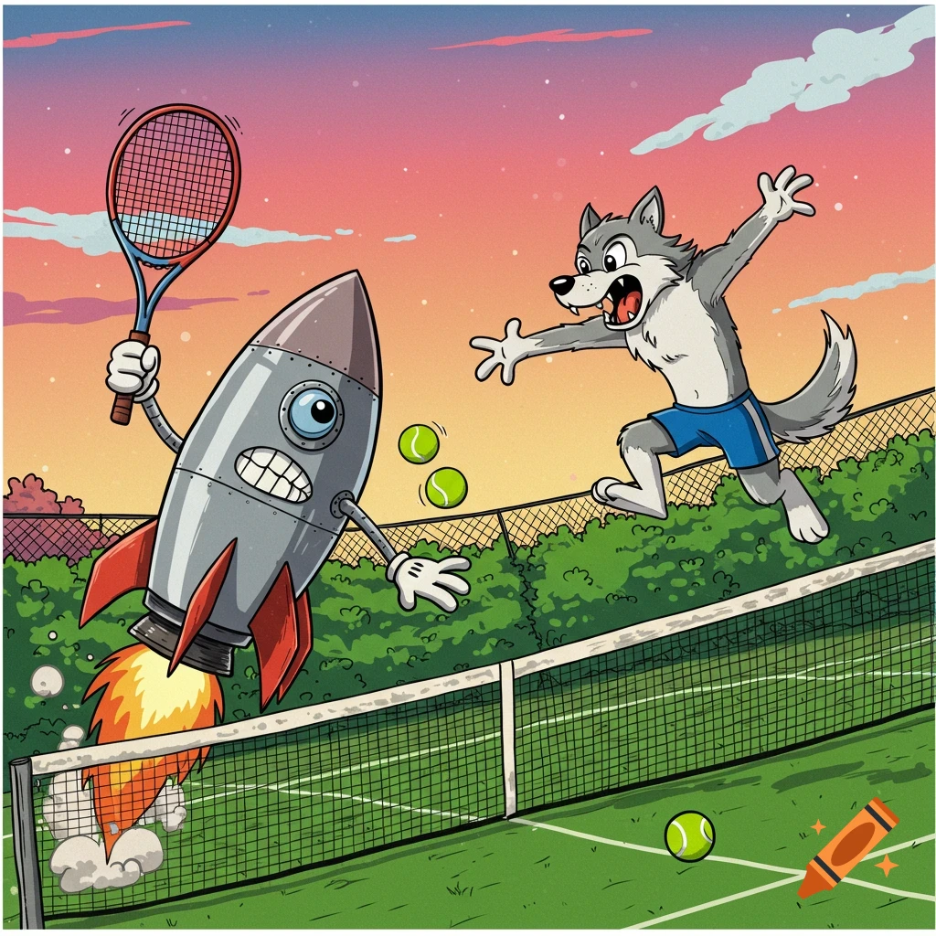 Cartoon rocket plays tennis against a wolf on a court at sunset.