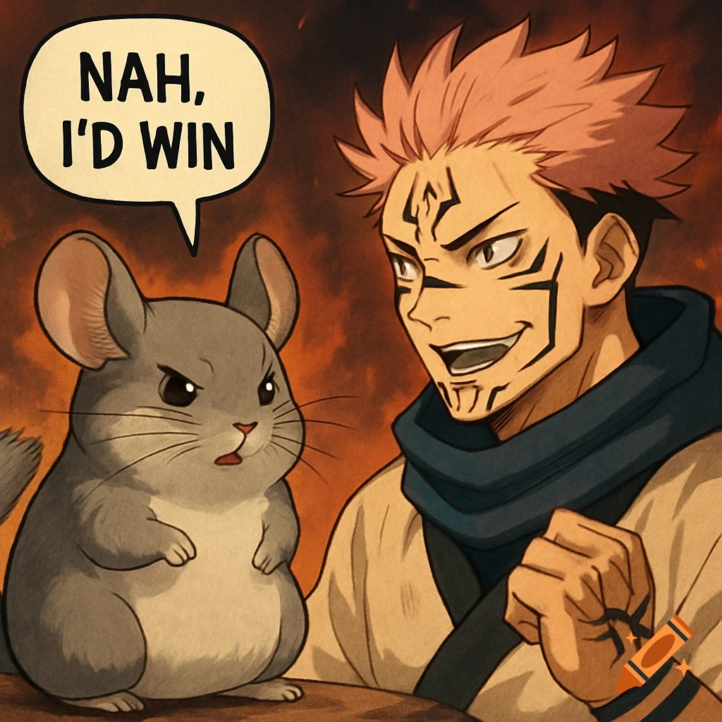 An anime illustration of Sukuna from Jujutsu Kaisen next to a chinchilla with a speech bubble saying 'Nah, I'd Win'.