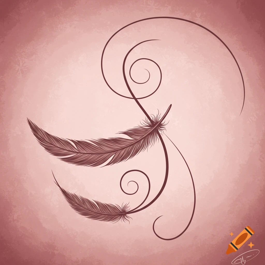 Digital illustration of feathers and swirls on a pink background.