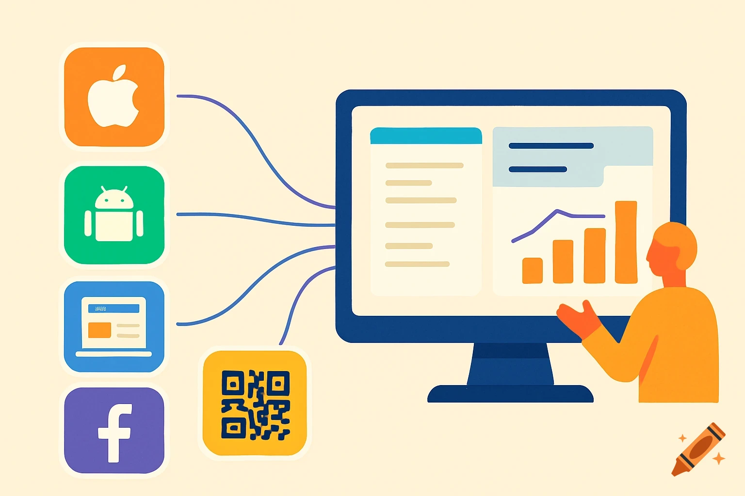 Flat vector illustration showing tech icons connected to a data dashboard on a monitor with a person gesturing.