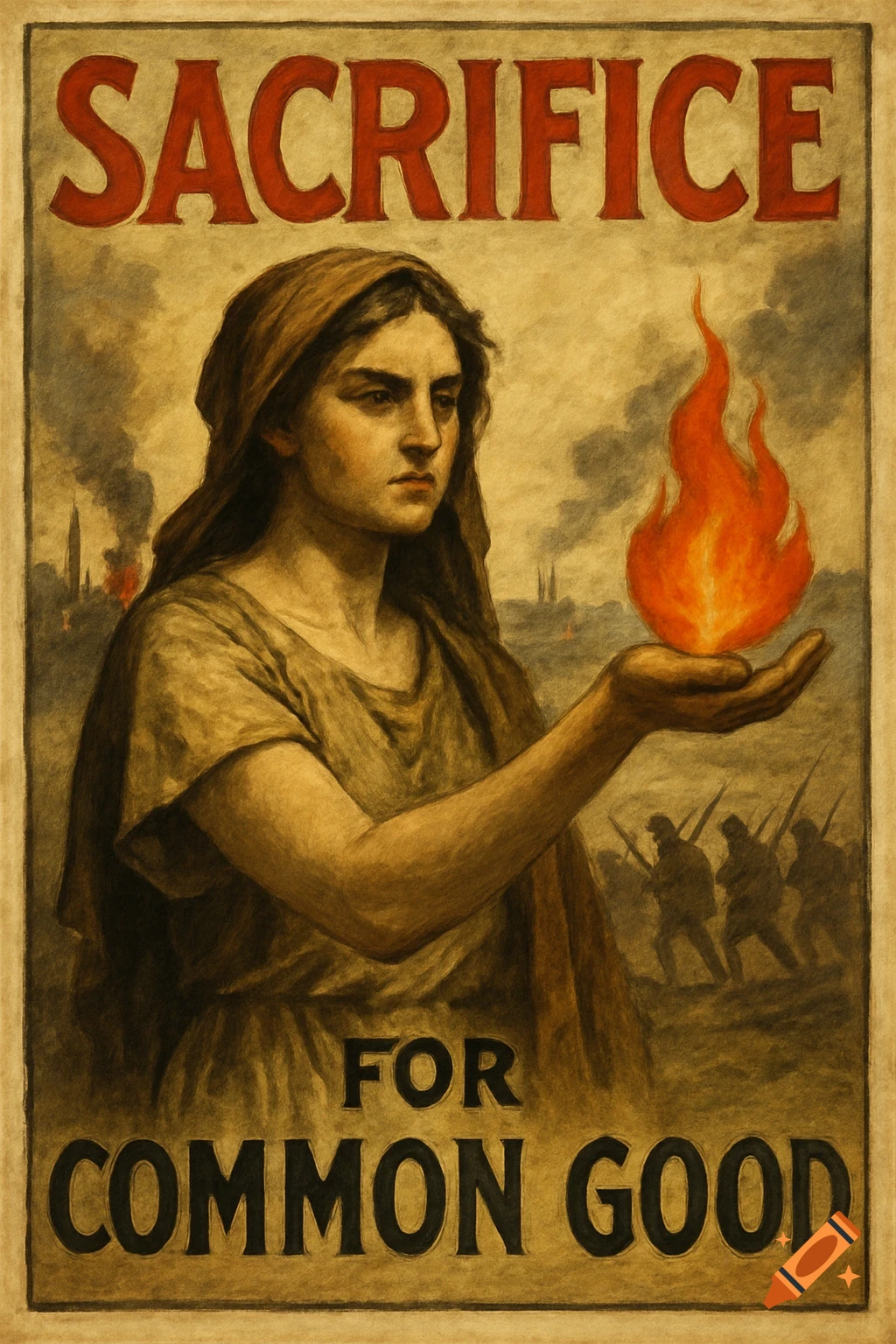 A propaganda poster shows a woman holding a flame, with soldiers in the background. Text: SACRIFICE FOR COMMON GOOD.