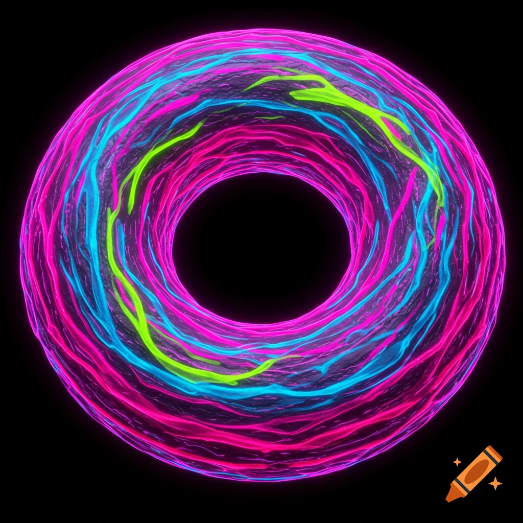 A textured torus shape glows with neon pink, blue, and green light against a black background.