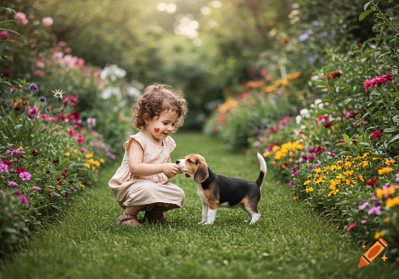 Young child with heart mark on cheek feeding a beagle puppy in a sunny garden.