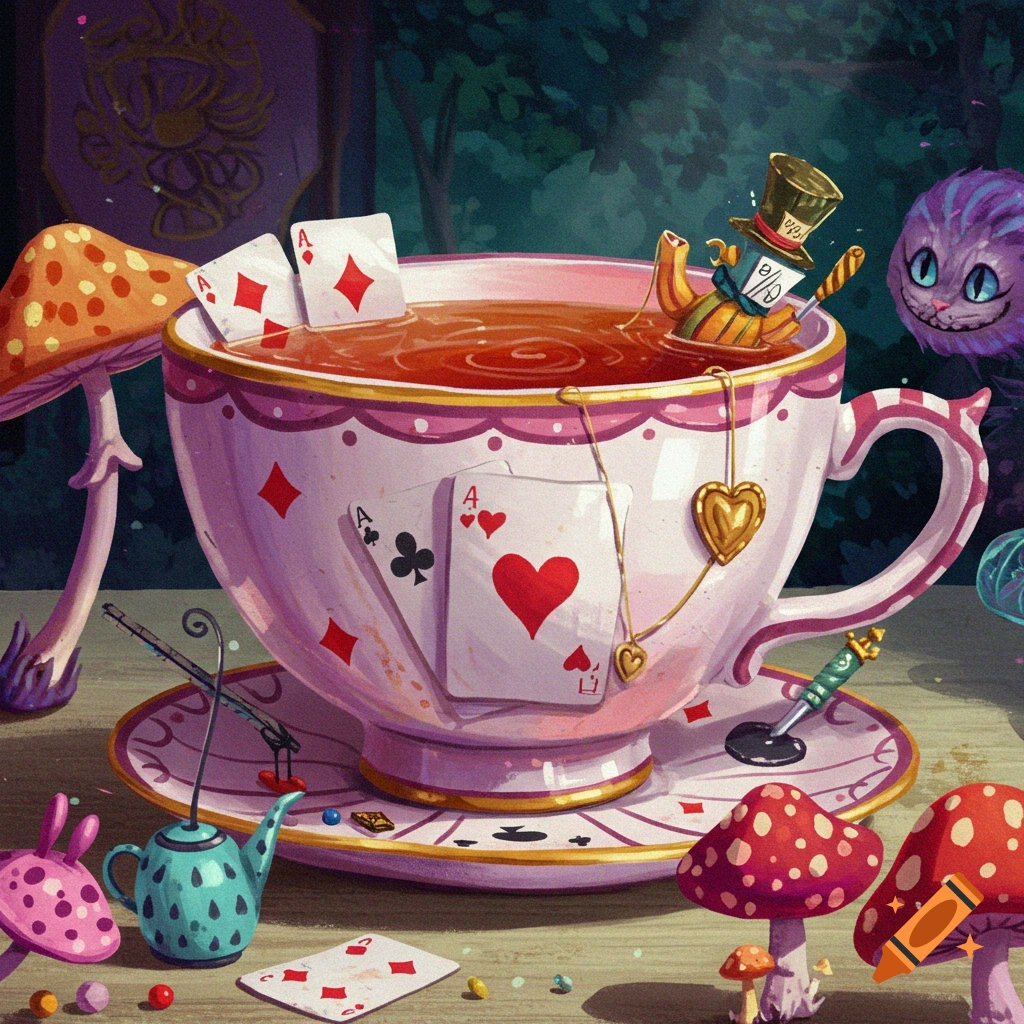 Illustrated teacup with playing cards, mushrooms, and Alice in Wonderland characters.