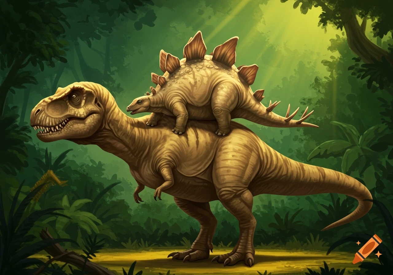 A Stegosaurus rides on the back of a Tyrannosaurus Rex in a jungle.