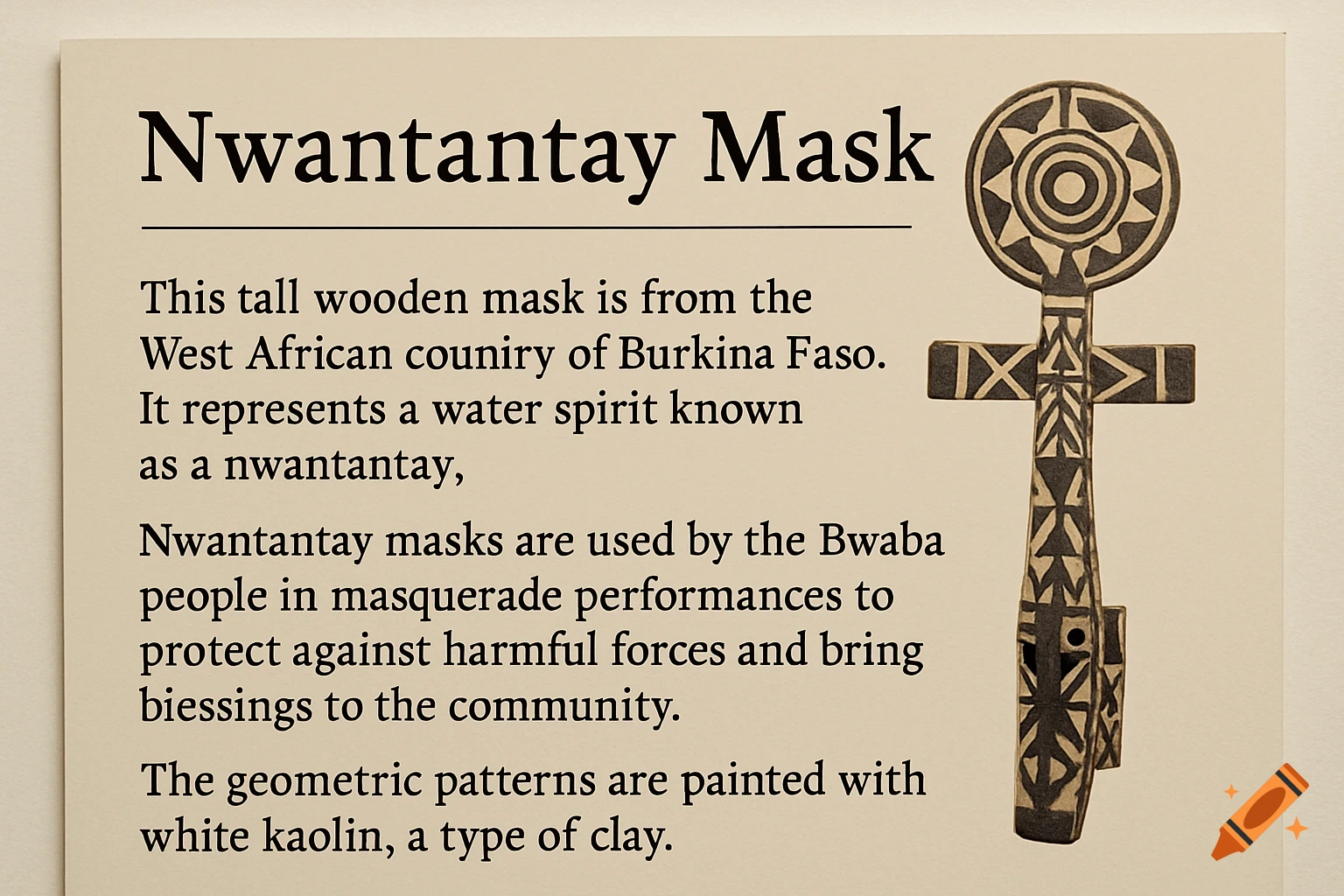Photo of a museum display plaque describing a Nwantantay Mask next to the mask itself.