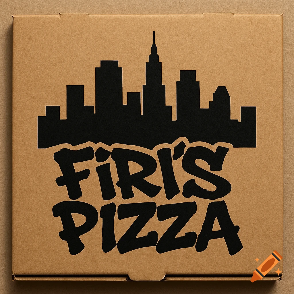 A square brown pizza box design with a black city skyline silhouette above the text "FIRI'S PIZZA" in a graffiti font.