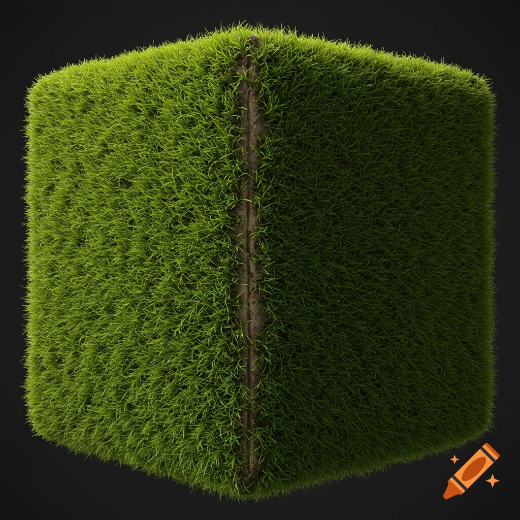 Side view of a 3D grass block texture for a video game, showing dense green blades and a vertical strip of dirt.