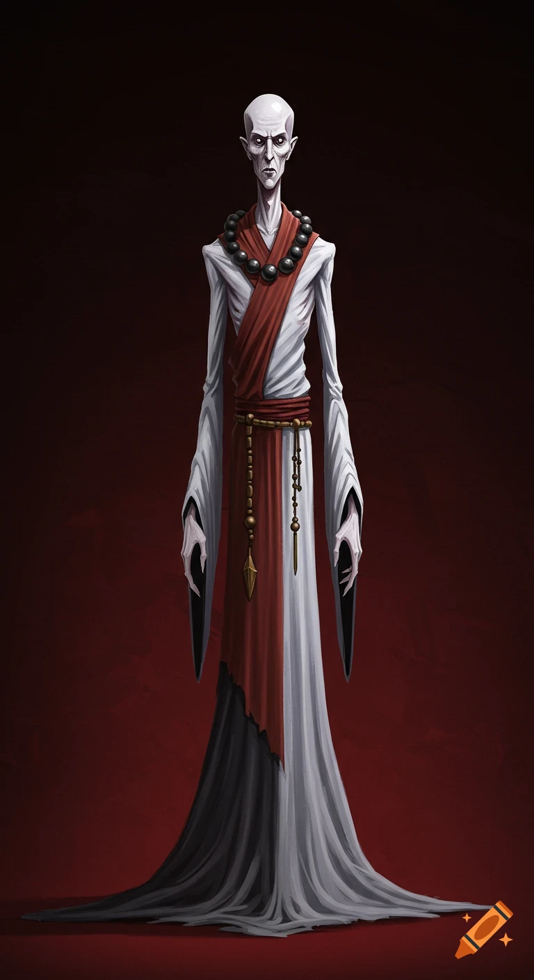 An illustration of a tall, skinny, sinister-looking bald figure wearing monk's robes and prayer beads.