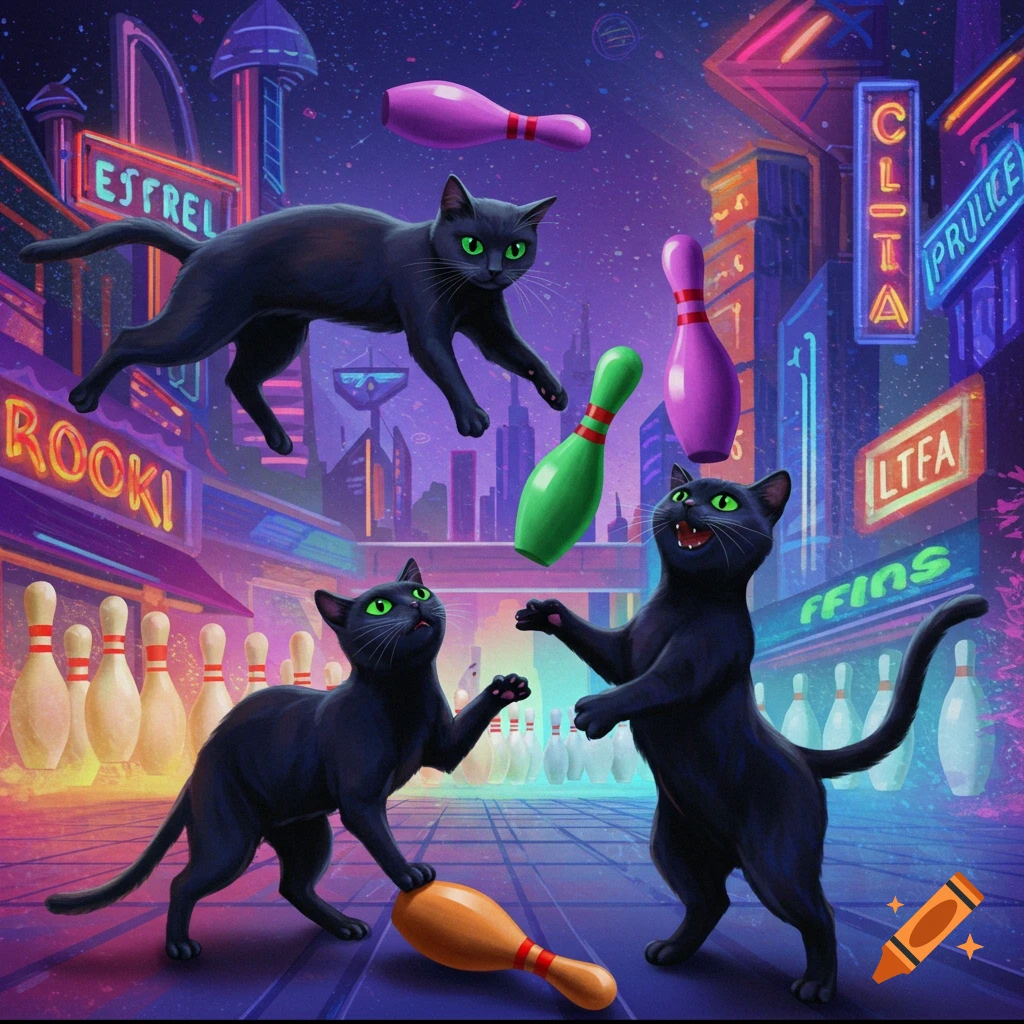 Three black cats juggle bowling pins in a neon futuristic city.