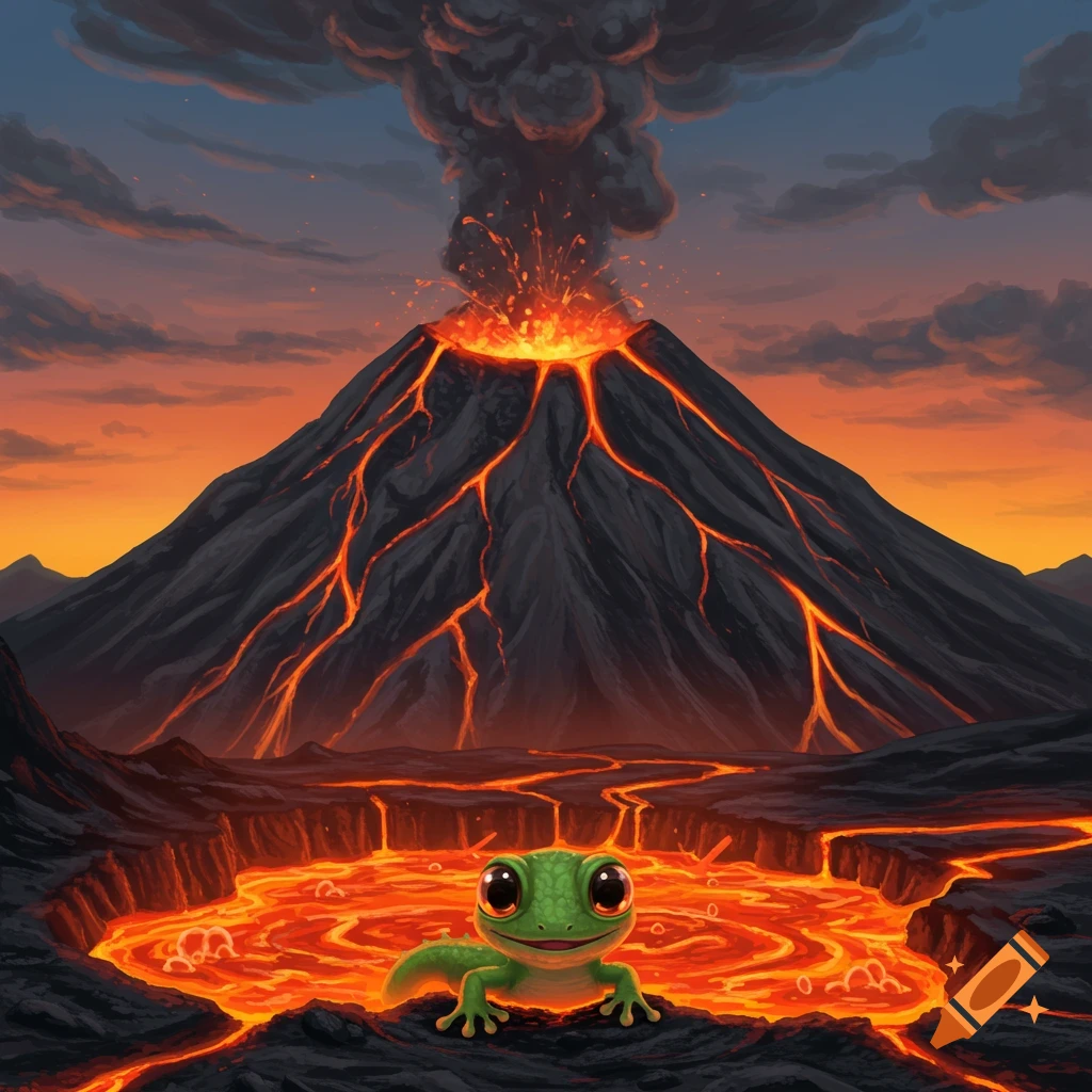 Cute green gecko in a lava pool before an erupting volcano.