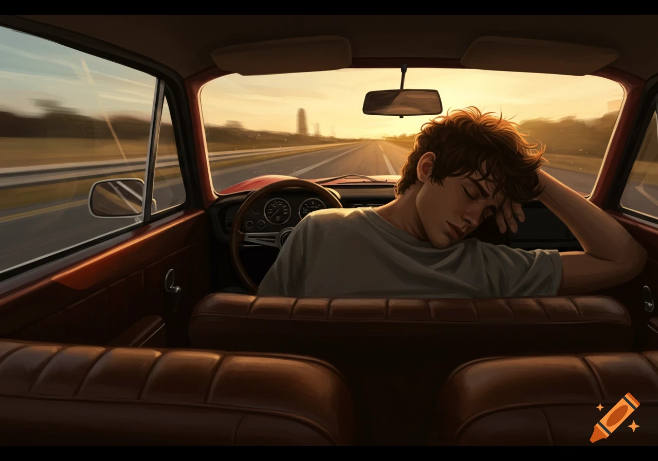 Young man sleeping in the passenger seat of a car on a highway at sunset