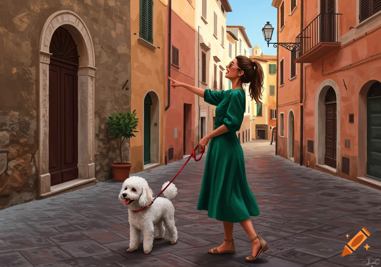 An illustration of a woman and a white dog walking down a sunlit street in an Italian town.