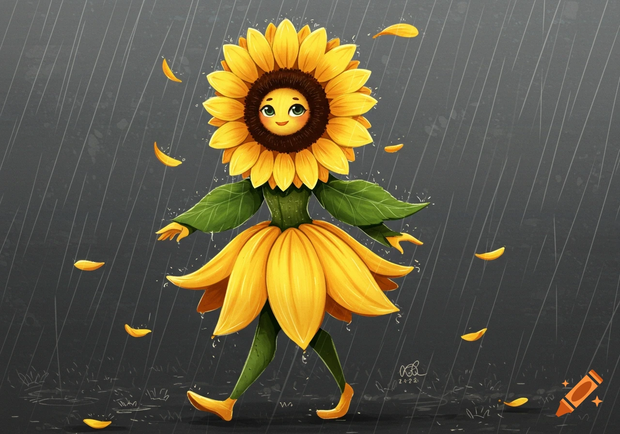 A cheerful cartoon sunflower character walks in the rain.