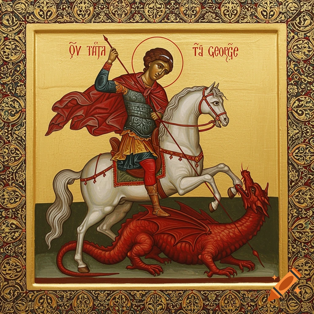 Icon painting of Saint George on a white horse slaying a red dragon with a spear, against a gold background with decorative borders.