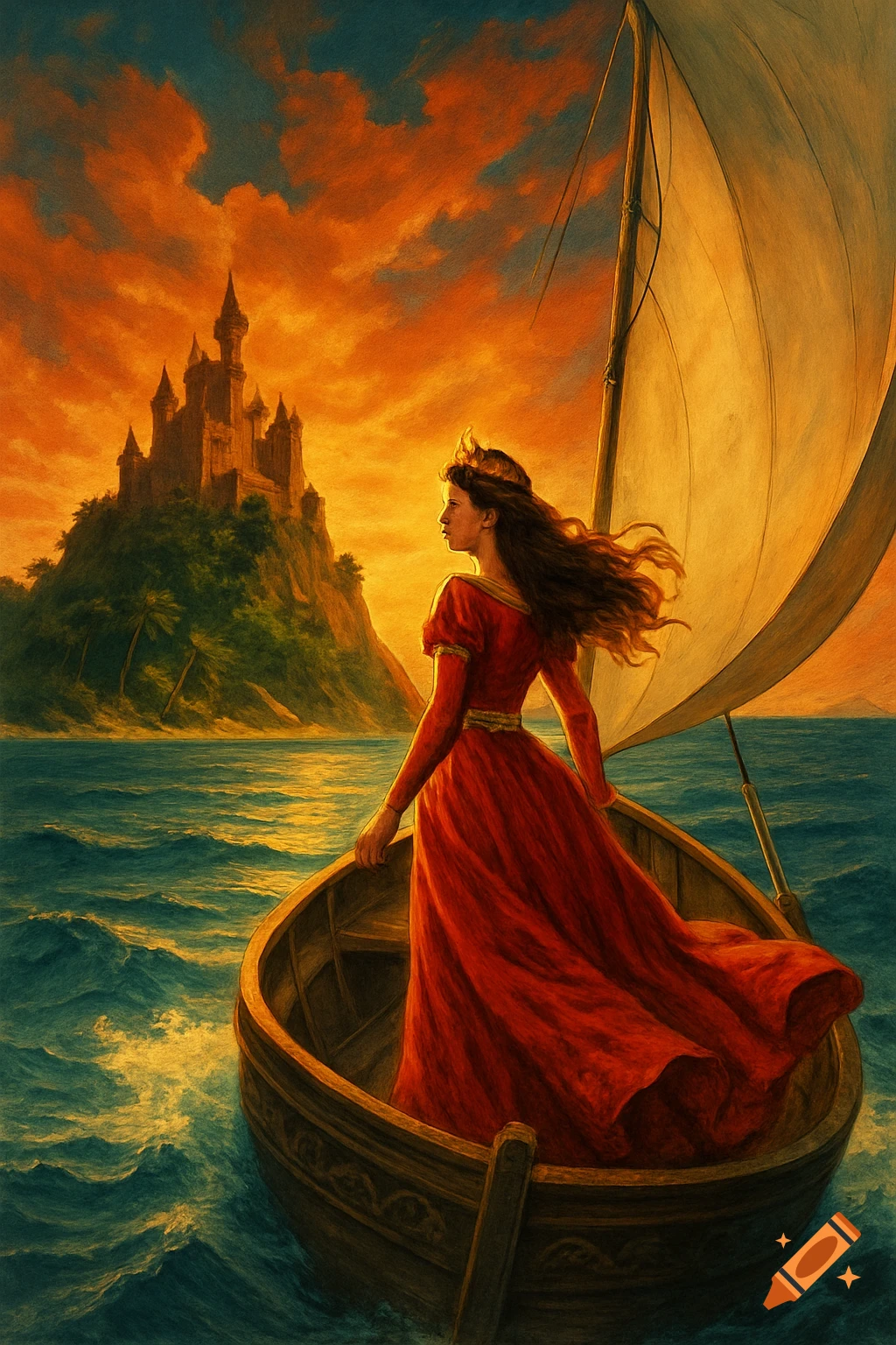 A princess in a boat leaves an island castle against an orange sky in a painterly style.