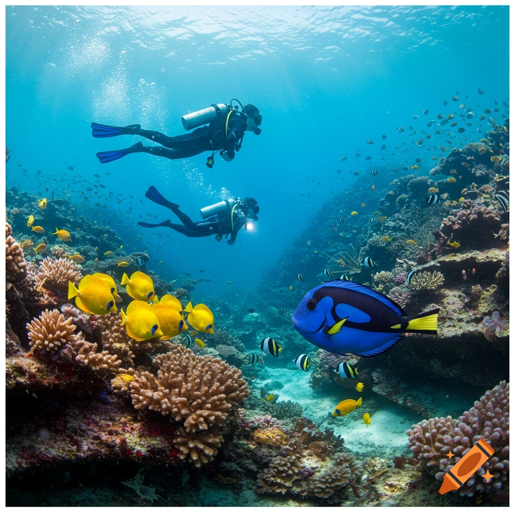 Two divers explore a vibrant coral reef with tropical fish.