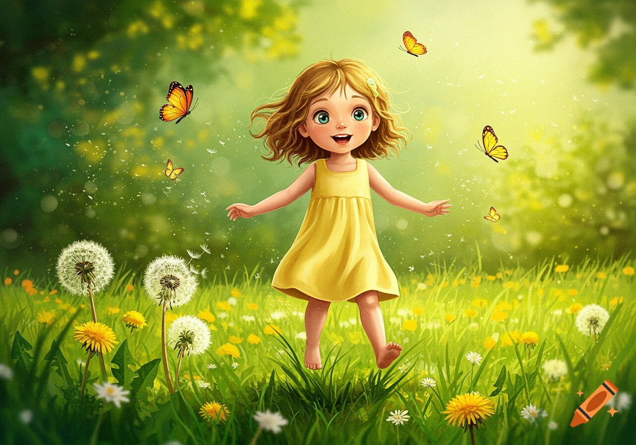 A happy cartoon child runs barefoot through a sunny field with butterflies and dandelions.