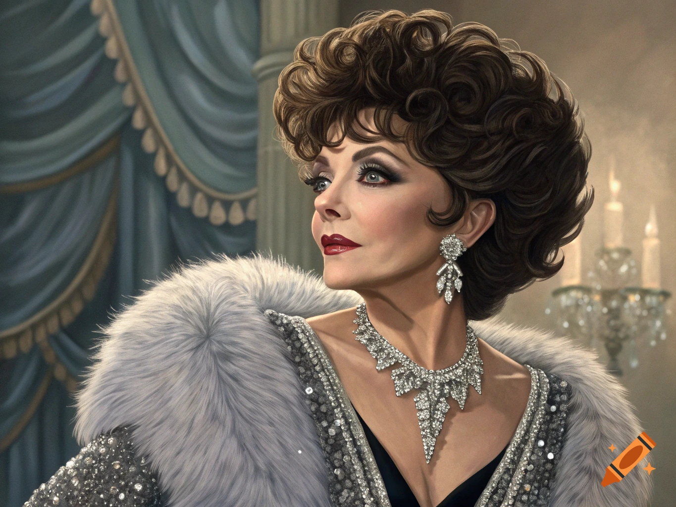 A portrait of a glamorous woman with elaborate hair and makeup, wearing diamond jewelry and a fur wrap.