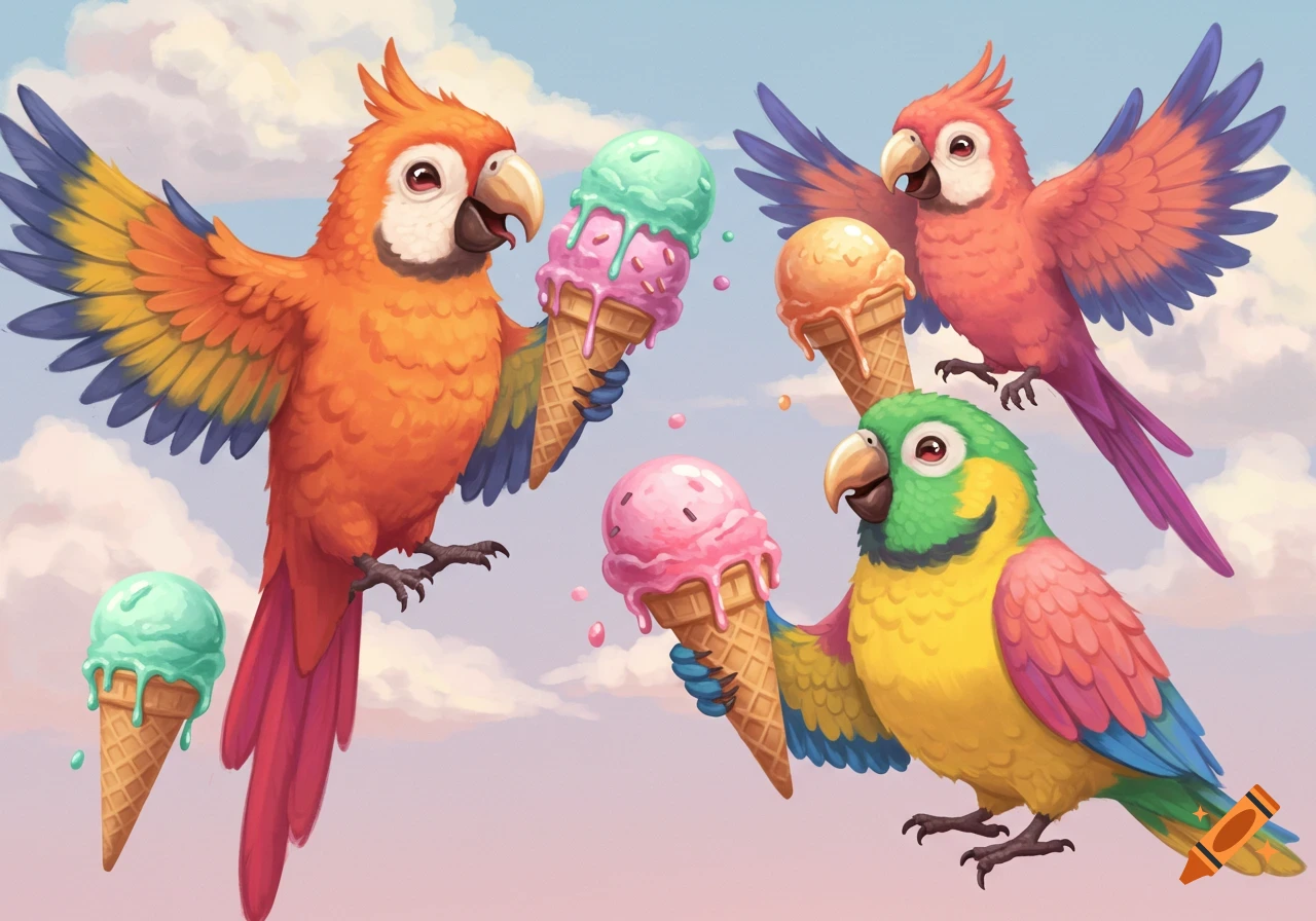 Three cartoon parrots fly in the sky, holding ice cream cones.