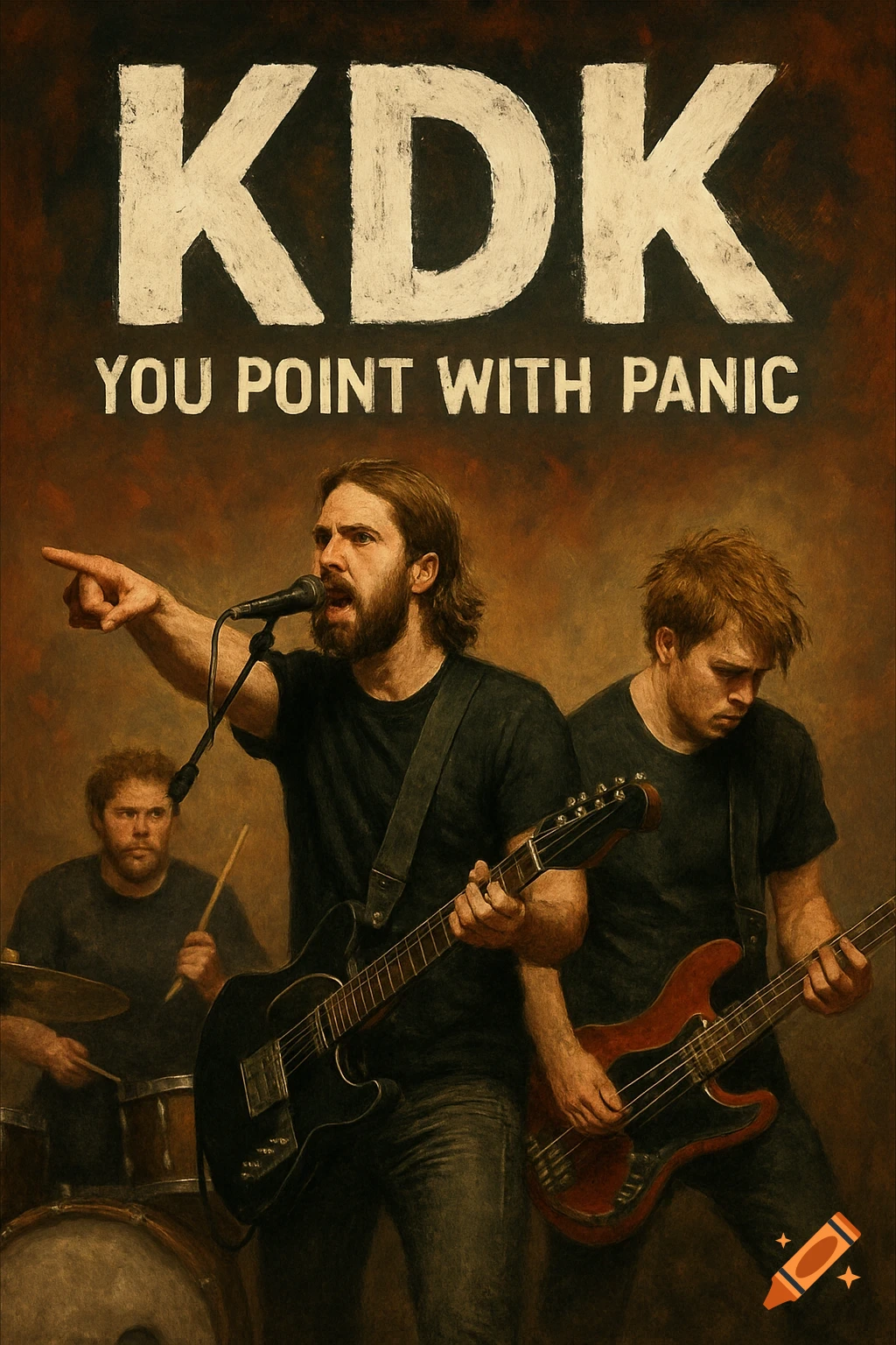 A rock band plays instruments on a dark stage. Text above reads 'KDK YOU POINT WITH PANIC'.