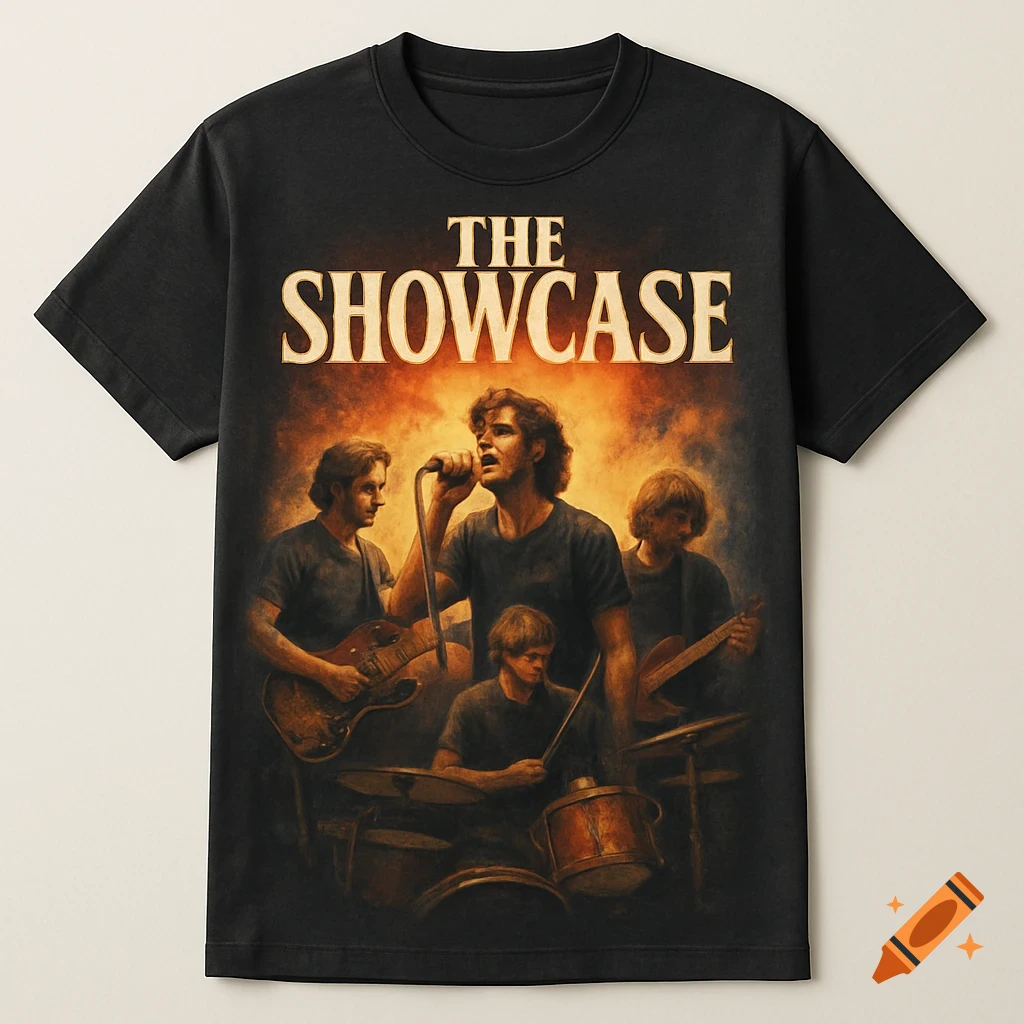 Black t-shirt with a graphic of a band playing live under the text 'THE SHOWCASE'.