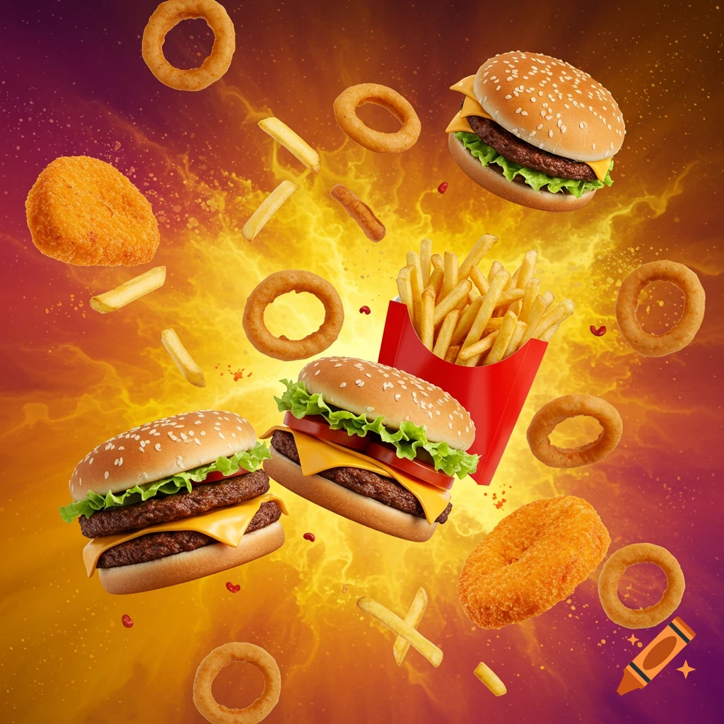 Hamburgers, french fries, onion rings, and chicken nuggets float against a dynamic yellow and purple background.