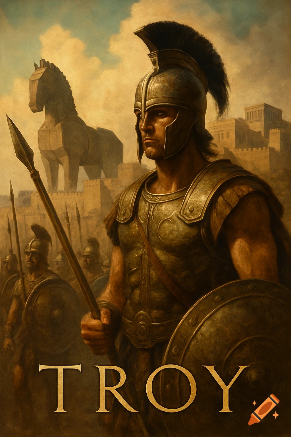 Painting of a Trojan soldier with spear and shield, Trojan Horse and city in background.