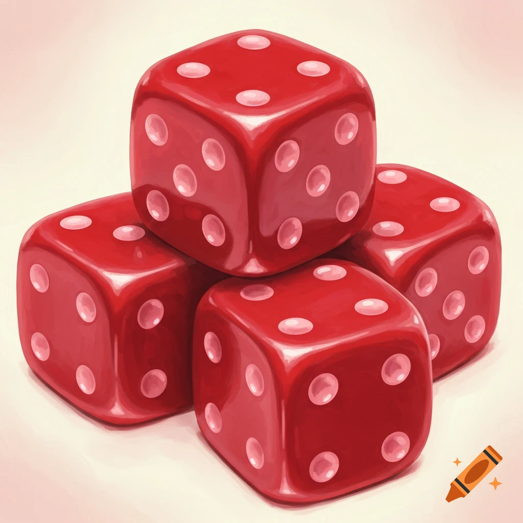 Stack of red dice in a painted style.