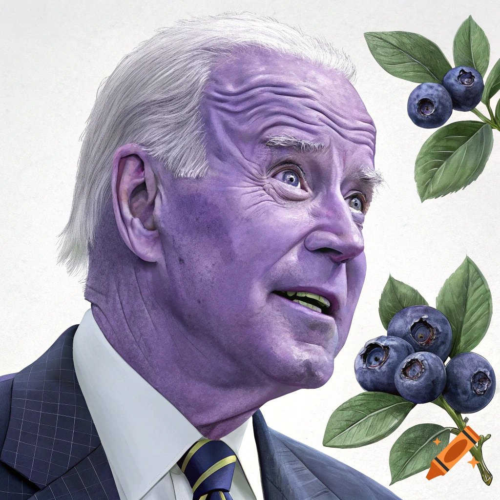Portrait of Joe Biden with purple blueberry-like skin, surrounded by blueberries and leaves, in a digital painting style.