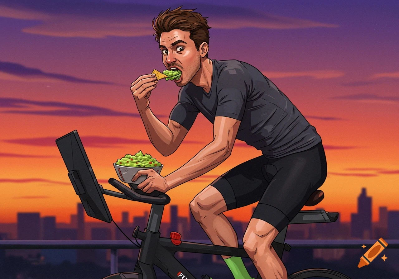 Illustration of a man riding an exercise bike and eating guacamole.